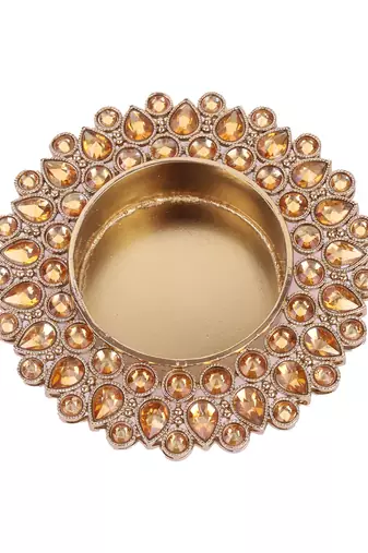 Traditional dazzling oval and round shape brass gold plated brown stone festival decorative deep / diya