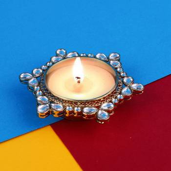 Traditional delightful round and flower design brass gold plated white stone festival decorative deep / diya 1