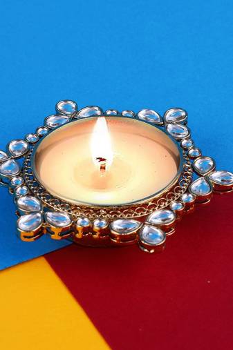 Traditional delightful round and flower design brass gold plated white stone festival decorative deep / diya