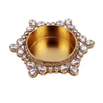Traditional delightful round and flower design brass gold plated white stone festival decorative deep / diya 2