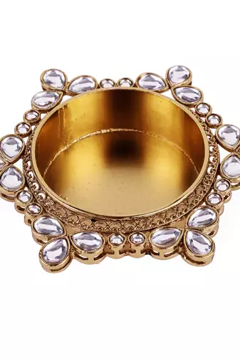 Traditional delightful round and flower design brass gold plated white stone festival decorative deep / diya