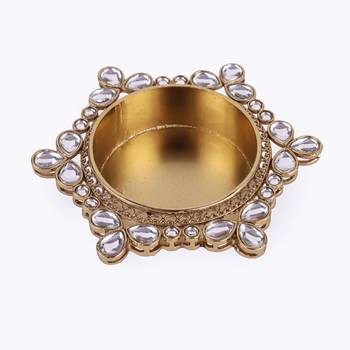 Traditional delightful round and flower design brass gold plated white stone festival decorative deep / diya 3