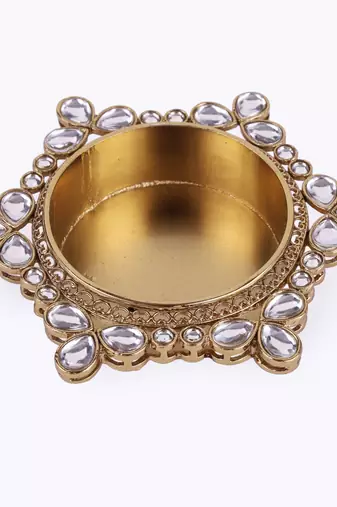Traditional delightful round and flower design brass gold plated white stone festival decorative deep / diya