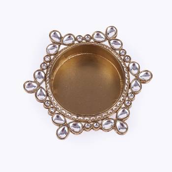 Traditional delightful round and flower design brass gold plated white stone festival decorative deep / diya 4