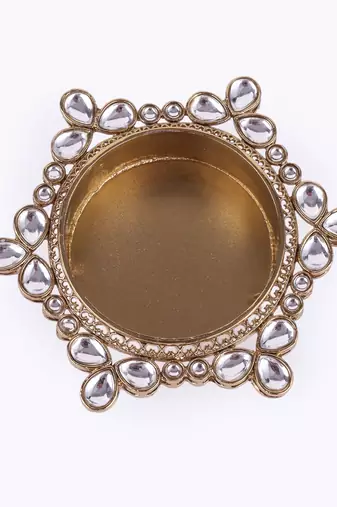 Traditional delightful round and flower design brass gold plated white stone festival decorative deep / diya