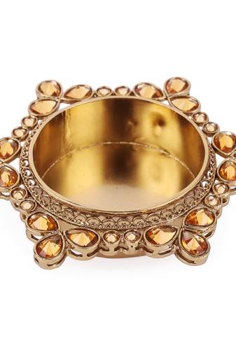Traditional attractive round and flower design brass gold plated brown stone festival decorative deep / diya