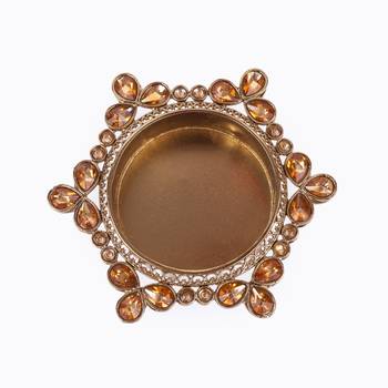 Traditional attractive round and flower design brass gold plated brown stone festival decorative deep / diya 3