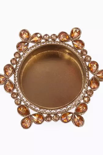 Traditional attractive round and flower design brass gold plated brown stone festival decorative deep / diya