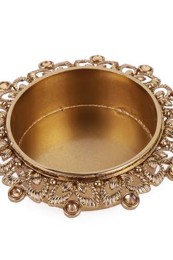 Traditional delightful leaf and round shape brass gold plated brown stone festival decorative deep / diya