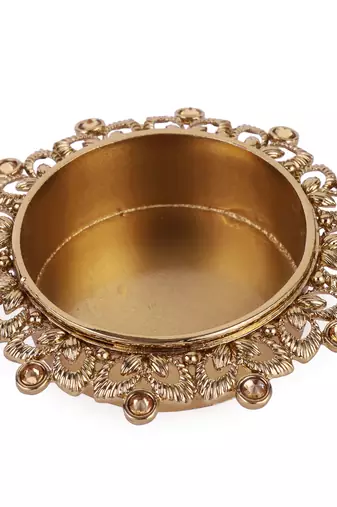 Traditional delightful leaf and round shape brass gold plated brown stone festival decorative deep / diya