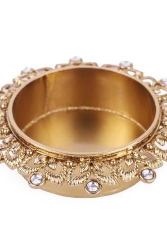 Traditional classy leaf and round shape brass gold plated white stone festival decorative deep / diya