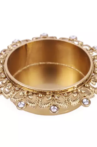 Traditional classy leaf and round shape brass gold plated white stone festival decorative deep / diya