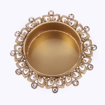 Traditional classy leaf and round shape brass gold plated white stone festival decorative deep / diya 2