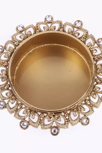 Traditional classy leaf and round shape brass gold plated white stone festival decorative deep / diya