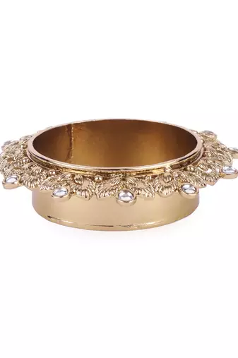 Traditional classy leaf and round shape brass gold plated white stone festival decorative deep / diya