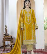 Yellow chinnon silk embroidery work fully stitched salwar suit