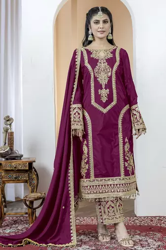 Wine color chinnon silk embroidery work fully stitched salwar suit