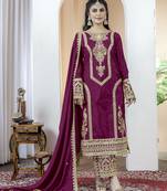 Wine chinnon silk embroidery work fully stitched salwar suit