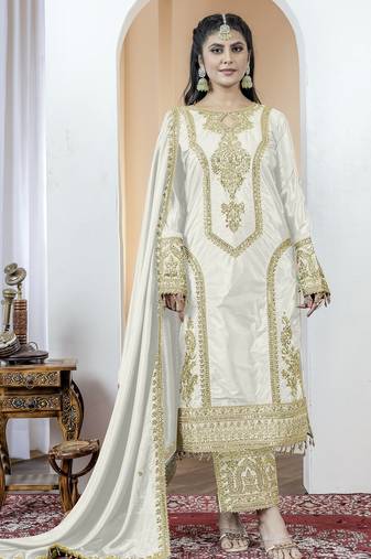 White color chinnon silk embroidery work fully stitched salwar suit