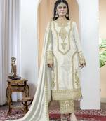 White chinnon silk embroidery work fully stitched salwar suit