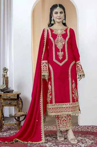 Red color chinnon silk embroidery work fully stitched salwar suit