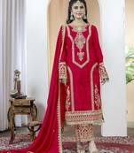 Red chinnon silk embroidery work fully stitched salwar suit