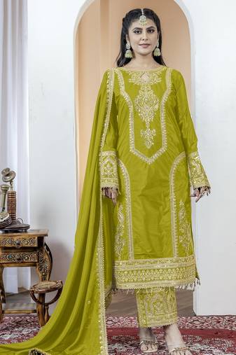 Pista green color chinnon silk embroidery work fully stitched salwar suit