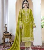 Pista green chinnon silk embroidery work fully stitched salwar suit