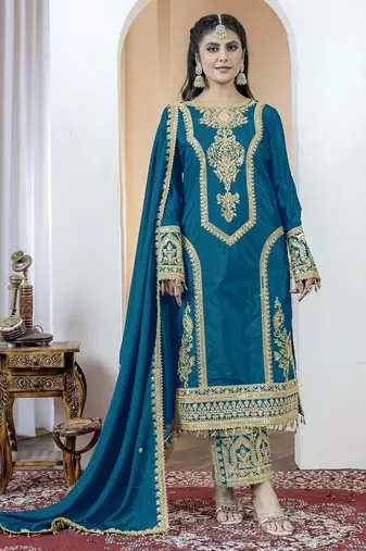 Morepich chinnon silk embroidery work fully stitched salwar suit