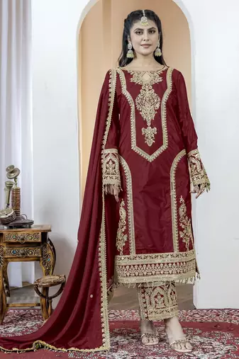 Maroon color chinnon silk embroidery work fully stitched salwar suit