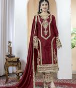 Maroon chinnon silk embroidery work fully stitched salwar suit