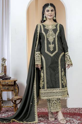 Black color chinnon silk embroidery work fully stitched salwar suit