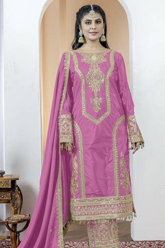 Baby pink color chinnon silk embroidery work fully stitched salwar suit