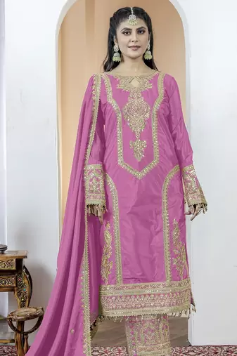 Baby pink color chinnon silk embroidery work fully stitched salwar suit