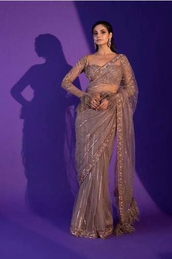 Beige Color Designer Party Wear Net Fabric Saree
