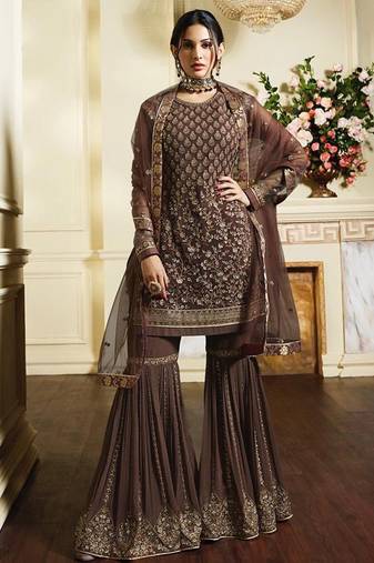 Brown Satin georgette semi stitched wedding sharara suit