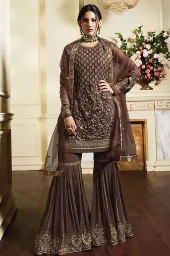 Brown Satin georgette semi stitched wedding sharara suit