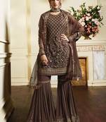 Brown Satin georgette semi stitched wedding sharara suit