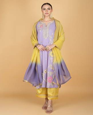 Purple floral embroidered georgette kurta set 1