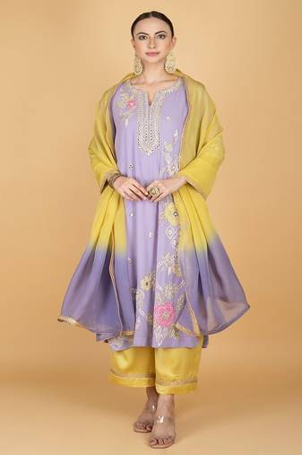 Purple floral embroidered georgette kurta set