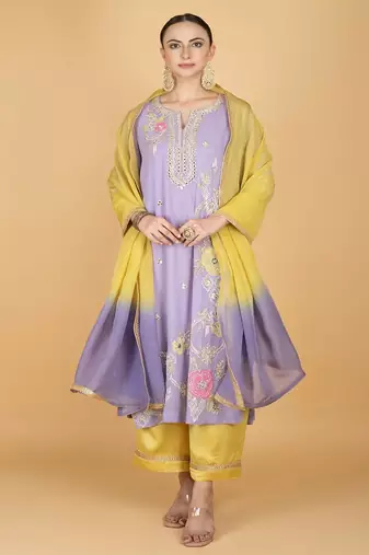 Purple floral embroidered georgette kurta set