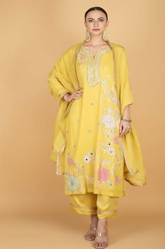 Yellow floral embroidered georgette kurta set