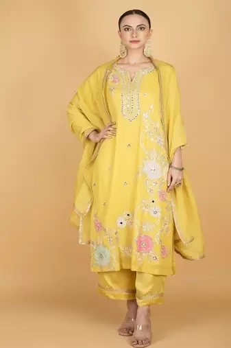 Yellow floral embroidered georgette kurta set