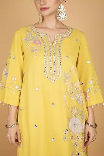 Yellow floral embroidered georgette kurta set