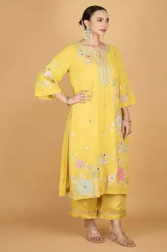 Yellow floral embroidered georgette kurta set