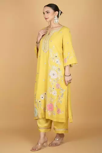 Yellow floral embroidered georgette kurta set