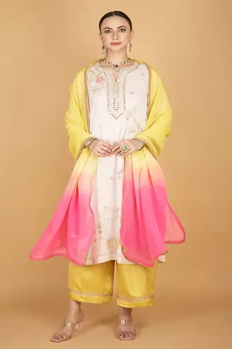 Ivory floral embroidered georgette kurta set
