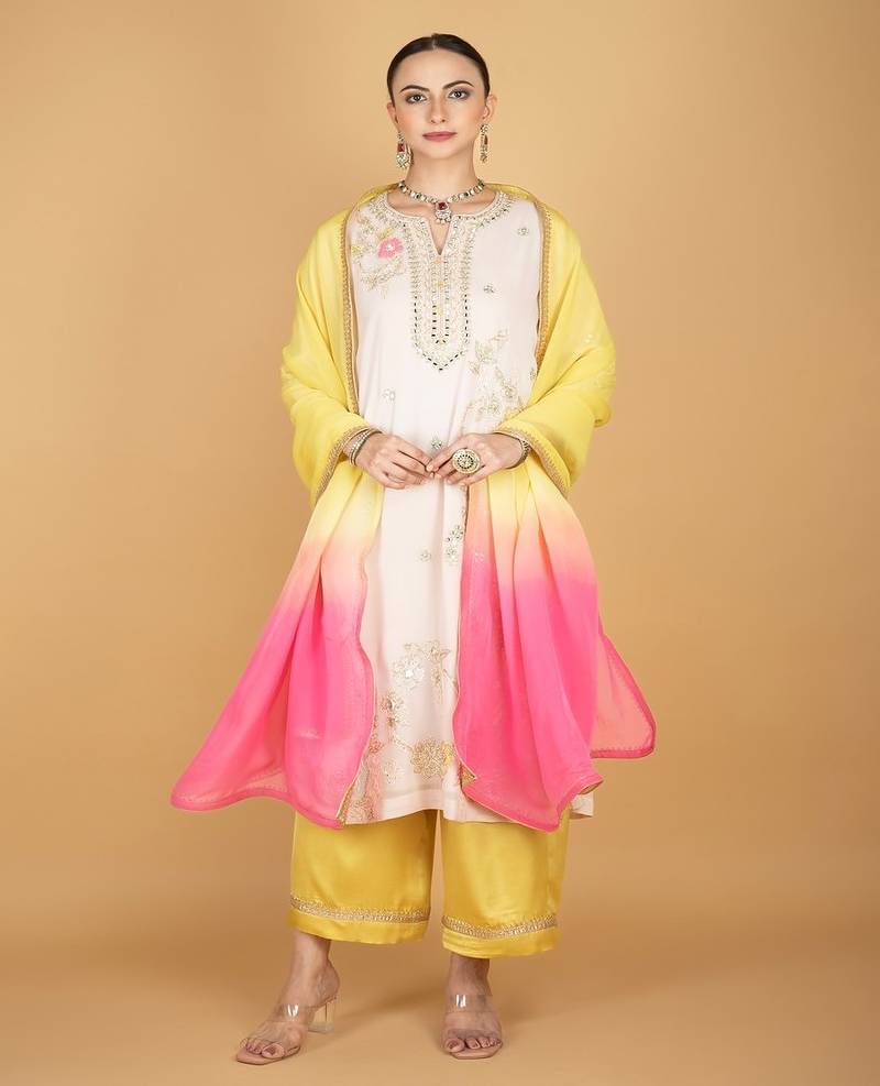 Ivory floral embroidered georgette kurta set
