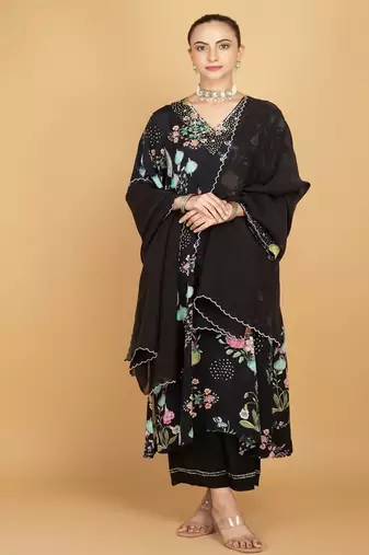 Black floral printed crepe kurta set