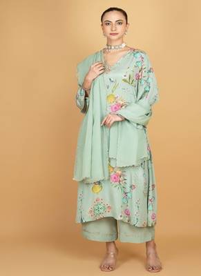 Green floral printed crepe kurta set 2